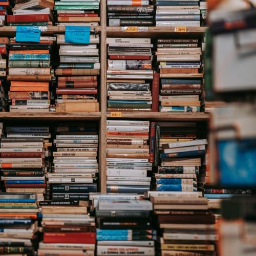 books on brown wooden shelf